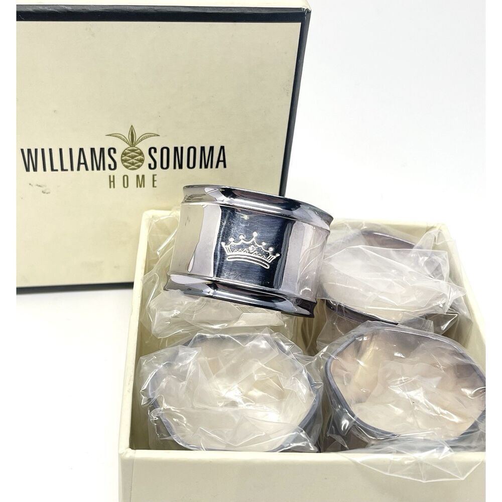 Williams Sonoma Crown Engraved Silver Plate Napkin Rings Hotel Boxed Set Of 4